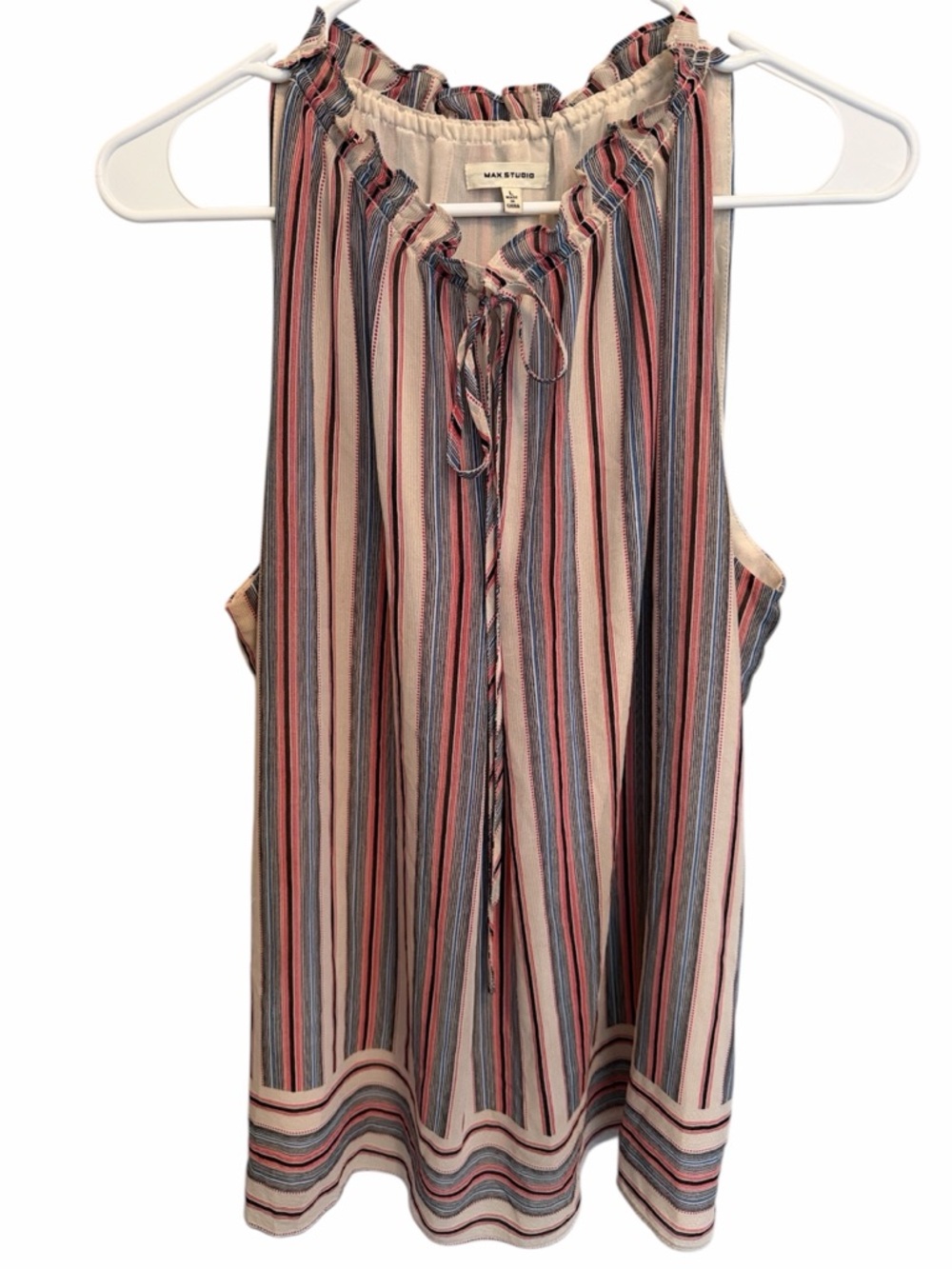 Max Studio Sleeveless Striped Tie-Neck Camisole in Red, Blue & Cream. Size Large